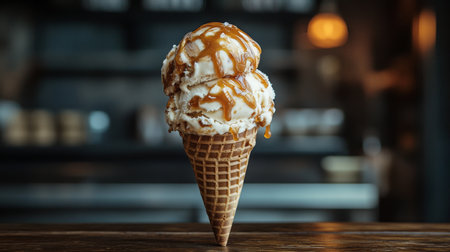 Delicious ice cream cone topped with caramel sauce served in a cozy cafe settingの素材
