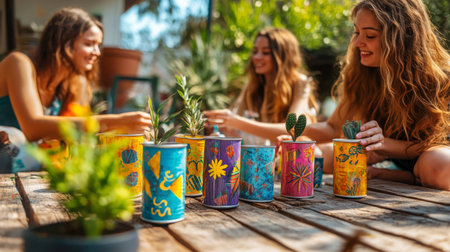 Friends are planting succulents in colorful cans on a sunny dayの素材