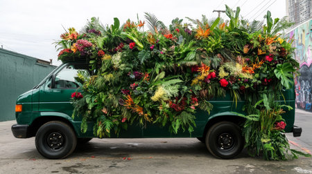Colorful flower delivery van adorned with vibrant plants and flowers during daytimeの素材