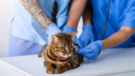 Closeup of two veterinarian doctors with stethoscope checking tabby cats heart rate in clinic. Panoramaの写真素材