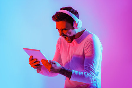 Emotional online game. Guy in headphone screams and plays on tablet