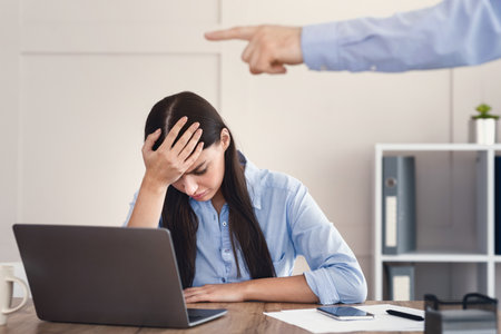 Businessman Firing Unhappy Employee Girl Pointing Finger At Office Doorの写真素材