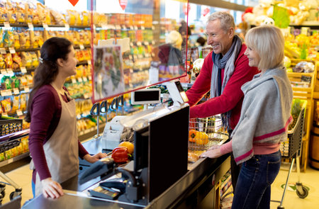 Happy senior husband and wife having conversation with cashierの写真素材