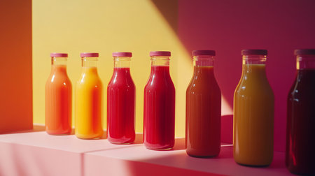 Vibrant juice bottles lined up on colorful display in modern setting during the dayの素材