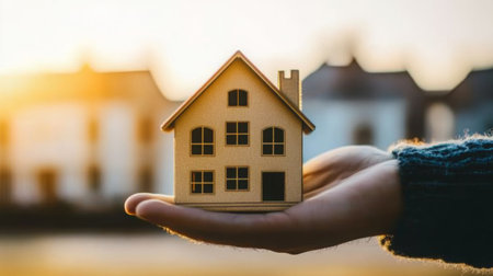 Hand holding a miniature wooden house at sunset in a real estate settingの素材