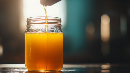 Fresh juice being poured into a glass jar in a bright kitchen settingの素材