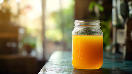 Freshly made juice in a jar on a rustic wooden table surrounded by greeneryの素材
