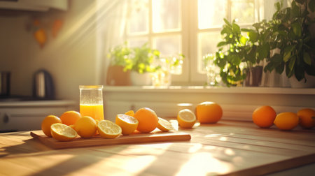 Fresh juice making process highlighted in a sunlit kitchen with vibrant orangesの素材
