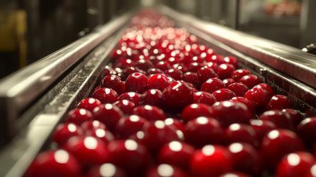 Juice production process with freshly harvested cherries on conveyor belt in factoryの素材