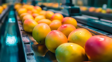 Fresh mangoes being sorted for juice production in a modern facilityの素材