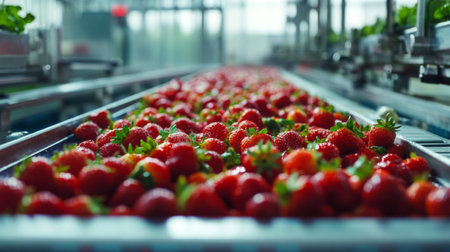 Fresh strawberries being processed for juice production in a modern facilityの素材