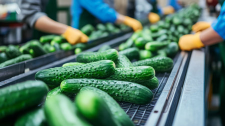 Fresh cucumbers sorted for juice production at a factory during daytime processingの素材
