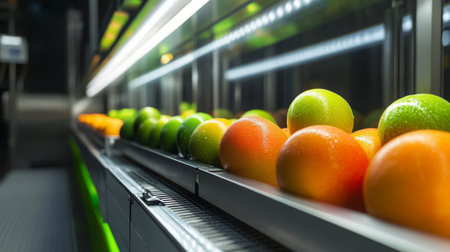 Fresh fruits lined up in a modern juice-making facility at nightの素材