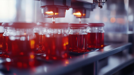 Juice making process with automated machinery filling glass jars in a modern facilityの素材