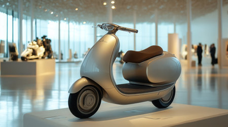 Innovative electric scooter design showcased in a modern transport exhibition spaceの素材