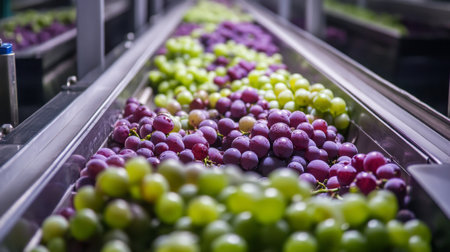 Fresh grapes being sorted on conveyor belt for juice production in a busy facilityの素材