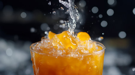 Freshly made orange juice splashing into tall glass with ice in a vibrant kitchen settingの素材