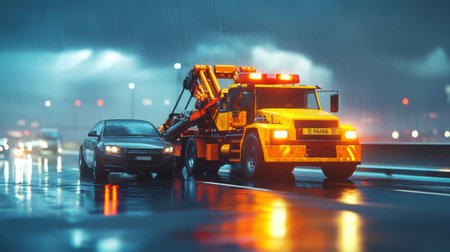 Tow truck assists disabled vehicle on a rainy night in an urban settingの素材