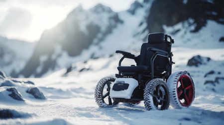 Innovative electric wheelchair designed for transport in snowy mountainous terrainの素材