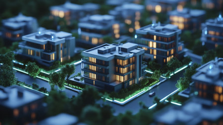 Innovative urban real estate development with illuminated modern buildings at nightの素材