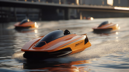 Innovative electric watercraft cruising on a city river during sunsetの素材