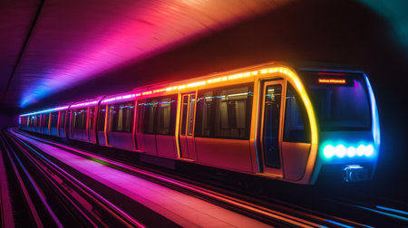 Futuristic electric transport train illuminated with vibrant colors in a subway tunnelの素材