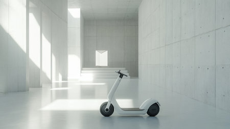 Innovative electric scooter positioned in a modern, minimalist architectural spaceの素材