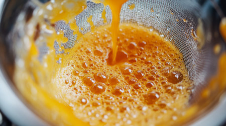 Juicing process with vibrant orange liquid flowing through a strainer in a kitchen settingの素材