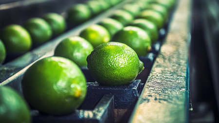 Fresh limes being sorted for juice production in a bustling processing facilityの素材