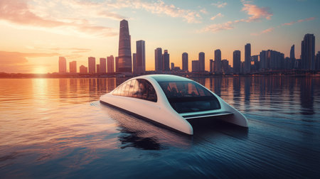 Innovative electric transport glides over water in a stunning urban skyline at sunsetの素材