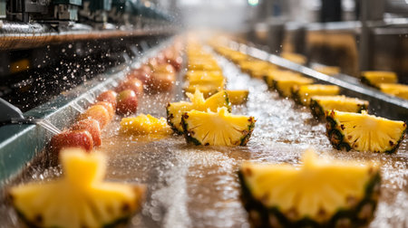 Juicing process in a factory with fresh pineapples and apples on a conveyor beltの素材