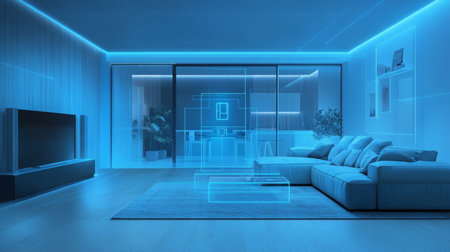 Innovative real estate showcasing futuristic living room design with AI elementsの素材