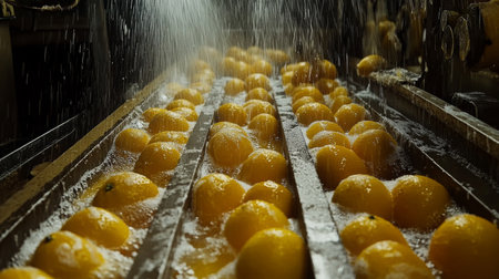 Fresh oranges being washed in an industrial juice production facility during the dayの素材