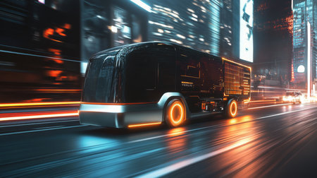 Futuristic electric transport vehicle cruising through a vibrant city at nightの素材