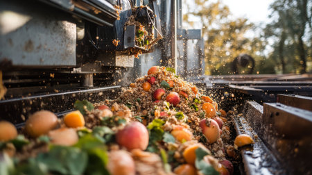 Juice production process using fresh fruits in scenic outdoor setting with autumn foliageの素材