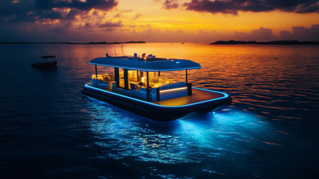 Electric transport vessel gliding over calm waters at sunset with vibrant colorsの素材