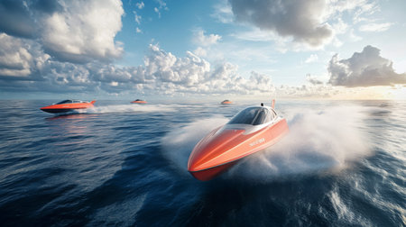 High-speed electric boats racing across calm water under a cloudy sky at sunsetの素材