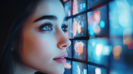 Engaging young woman explores real estate opportunities through innovative AI technologyの素材