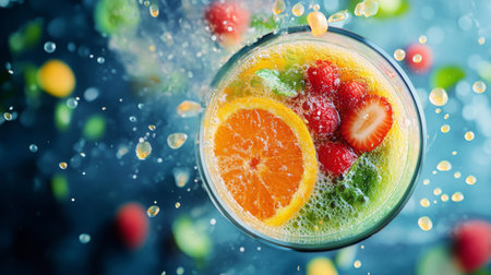 Fresh fruit juice being made with vibrant ingredients and splashes on a blue backgroundの素材