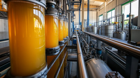 Juice production process in a modern facility showcasing vibrant orange liquidの素材