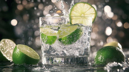 Refreshing lime juice preparation in a vibrant kitchen setting with sparkling waterの素材