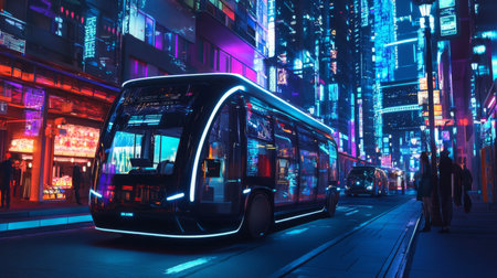 Futuristic electric transport vehicle in a vibrant neon city at nightの素材