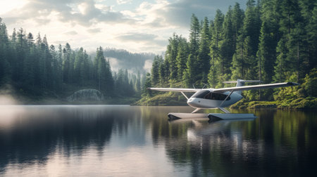 Electric aircraft rests on calm lake amid scenic forest landscape in early morning lightの素材