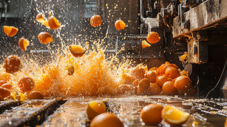 Juice extraction process showcasing fresh oranges splashing in a processing facilityの素材