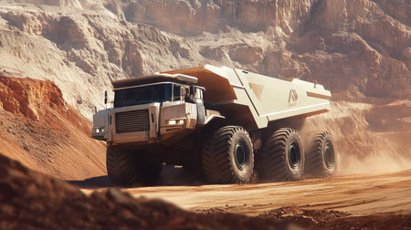 Massive electric transport vehicle operates in rugged mining terrainの素材
