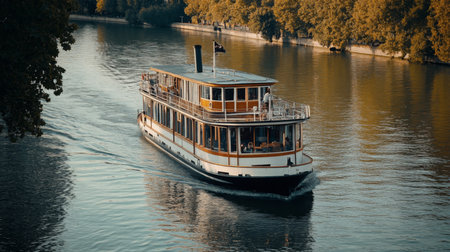 Cruise ship navigating serene river, showcasing sustainable electric transport technologyの素材