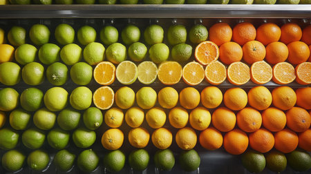 Fresh fruit selection on a display featuring vibrant oranges and limes for juice makingの素材