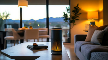 Modern living space with smart technology and scenic mountain view at duskの素材