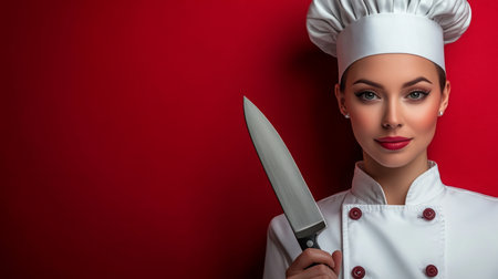 Professional woman chef with knife in modern kitchen setting ready for culinary challengesの素材
