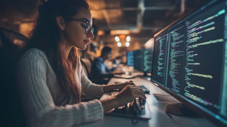 Woman working on computer code in a modern office environment during evening hoursの素材